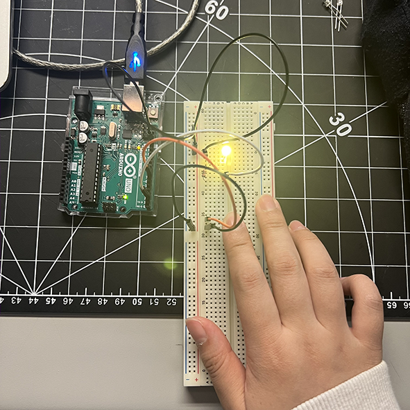 By turn on/off the button the LED will turn on and off