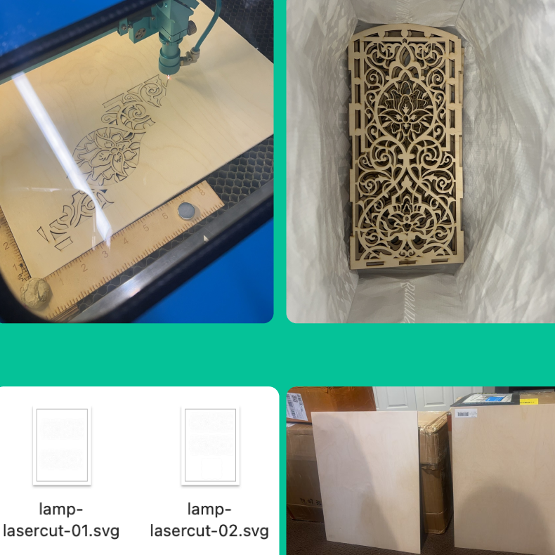 We exported the finalized Adobe Illustrator files as SVGs and used them for laser cutting to produce the lamp components.