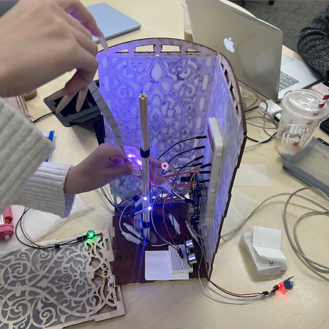 We assembled the lamp structure and installed the internal electronics and wiring.