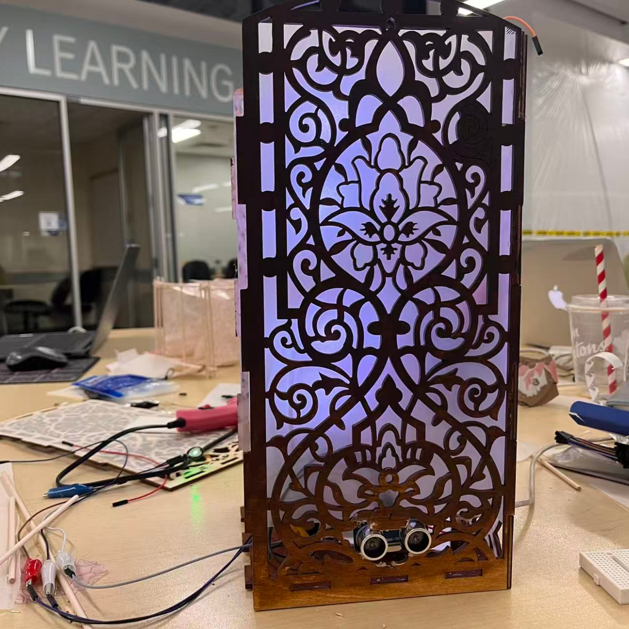 We tested the lamp with LEDs and sensors to check stability and functionality during assembly.