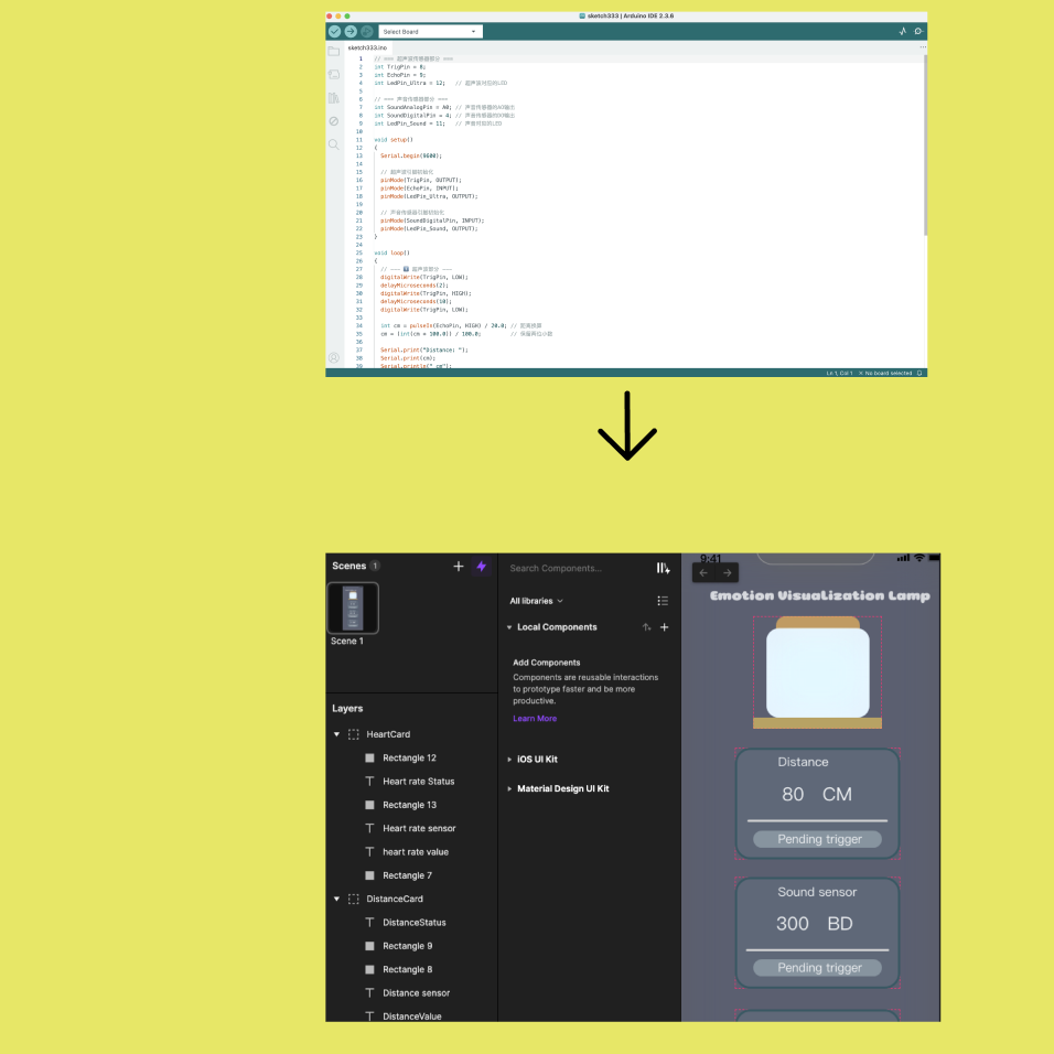 We connected the Arduino logic to ProtoPie to test how sensor data could control lighting interactions.